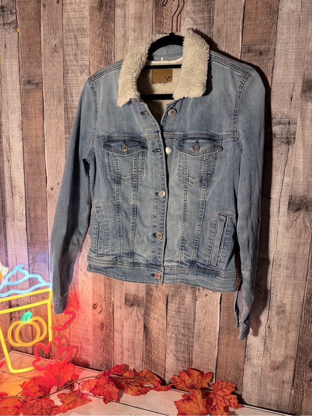 American Eagle Outfitters Light Blue Sherpa-Trim Denim Jacket